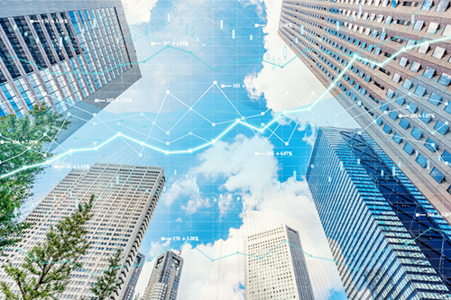 Cityscape with investment theme background and stock market chart...