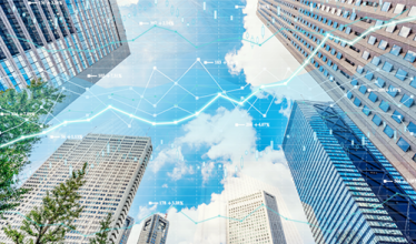 Cityscape with investment theme background and stock market chart...